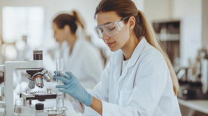portrait of a female scientist looking at a microscope