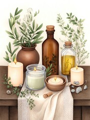 Eco-friendly wedding ideas in natural style A serene display of candles and plants on a wooden table.