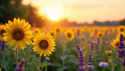 Fototapeta premium Sunflowers, daisies, lavender in vibrant summer field Golden hour light , meadow, plant, purple