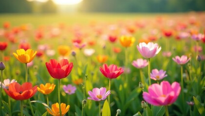 Fototapeta premium Abundant field of swaying summer flowers, colorful and bright , light, image, delicate