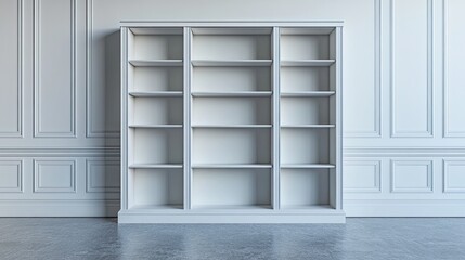 White built-in bookshelf with four shelves, classic storage furniture