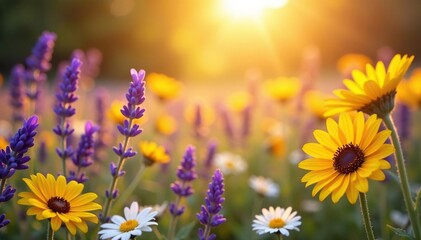 Sun-kissed blooms, flowing lavender, daisies & sunflowers Soft focus, warm tones , flower, vibrant, beauty