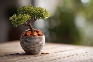 A small tree thrives from a pot filled with coins, symbolizing investment income and growth. Bright indoor light highlights the wooden table and emphasizes the concept of financial prosperity