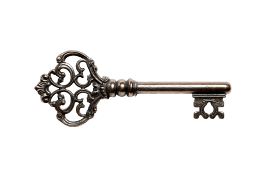 Ornate vintage key with intricate design on transparent background