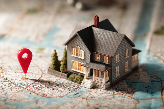 A detailed miniature house model is positioned on a map, highlighting a specific location with a red pin. This setup emphasizes home identification and navigation in a geographic context