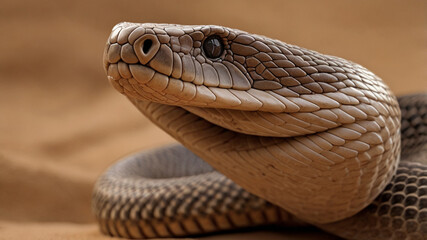 Obraz premium Dramatic Light and Detailed Scales: A Macro Close-up Portrait of a Snake's Head on Neutral Sand