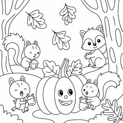 fall outline, fall coloring page, fall coloring, summer coloring, kawaii animal coloring, outline, illustration, cute coloring book cover, cover, cute kids illustration, cartoon cover, cartoon illustr
