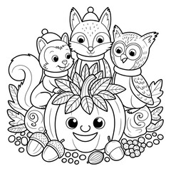 fall outline, fall coloring page, fall coloring, summer coloring, kawaii animal coloring, outline, illustration, cute coloring book cover, cover, cute kids illustration, cartoon cover, cartoon illustr