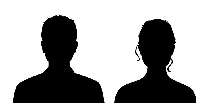 Vector front portrait in black silhouette of a woman and man, avatar illustration 