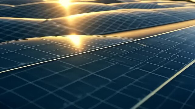Close-up view of solar panels glistening in sunlight, showcasing renewable energy innovation