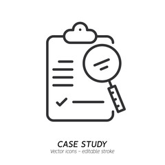 Studying information and facts single icon. Concept of case study, searching business information, analyze of product features vector flat outline icon. Editable stroke