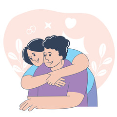 Affectionate Couple Hugging from Behind, Sweet Romantic Flat Vector Illustration