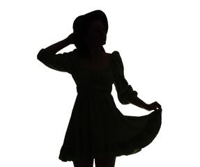Silhouette of woman in dress on white background