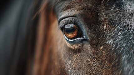 Close-up of a brown horse's eye, highlighting its intricate details and long eyelashes, creating a captivating portrait that showcases the beauty and expressiveness of the animal