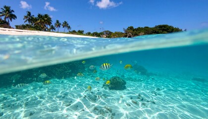 Fototapeta premium Underwater View of Colorful Fish and Coral Near Tropical Beach