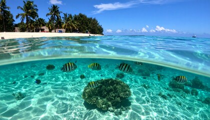 Obraz premium Vibrant Coral Reef Beneath Crystal Clear Tropical Ocean Waters