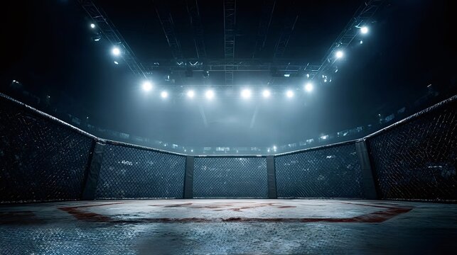 Professional fighting arena is bathed in the bright spotlights highlighting the empty octagon and cage, creating a dramatic atmosphere of anticipation for the upcoming match