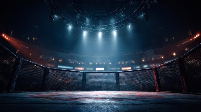 Illuminated by bright spotlights, a professional fighting arena exudes a dramatic atmosphere in the darkness, setting the stage for an intense and thrilling match ahead