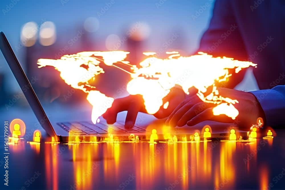 Poster global digital network visualized on laptop, person's hands interacting with data streams and user i