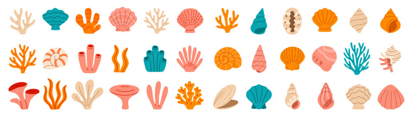 Fototapeta premium Big collection of marine elements including seashells, corals, seaweed, sponges, and ocean flora. Perfect for underwater, tropical, or beach-themed designs and illustrations