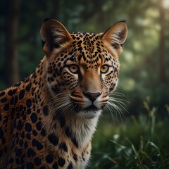 A leopard is standing in the woods with its mouth open, close up of a leopard, photographs of all kinds for graphic design, food, landscapes, themes, water, Halloween, parties, health and ecology.