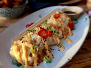 dumplings with sauce on a plate