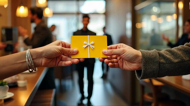 A close-up of a gift card being handed between man and woman from one person to another, their hands slightly blurred to emphasize the card.