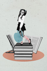 3d sketch poster art collage of happy small schoolgirl stand book stack library geek leaner hold...