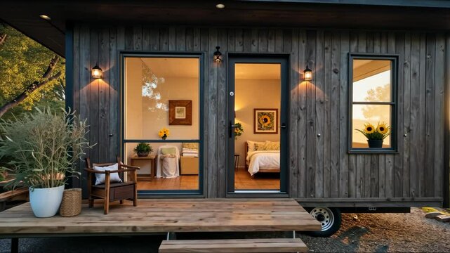 A tiny house with a compact design and efficient use of space, perfect for minimalist living in a serene environment..