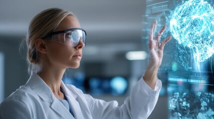 female scientist interacting with transparent holographic interface showing neural network simulation, futuristic lab setting