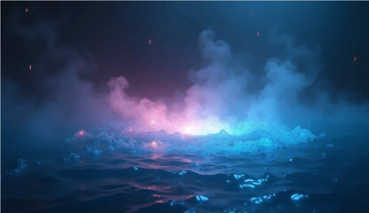 abstract  with magic neon glow from inside and smoke on top. Mystery dark background with spooky white light from underwater and fog. Realistic 3d night vector illustration with flare and steam.
