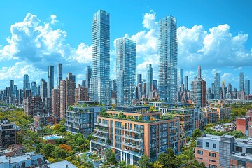 Aerial view of modern metropolis with glossy high rise buildings under clear blue sky and soft clouds showing professional perspective of reflective glass facades and city architecture.