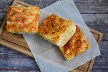 Bakery .Home made  cheese pie  with phyllo pastry, feta cheese  and organic eggs. Bulgarian banitsa