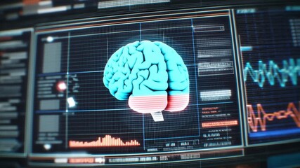 Sophisticated medical software analyzing intricate human brain activity, displaying dynamic data visualization shifting color spectrum across digital computer interface. real-time multicolor mapping. - Powered by Adobe