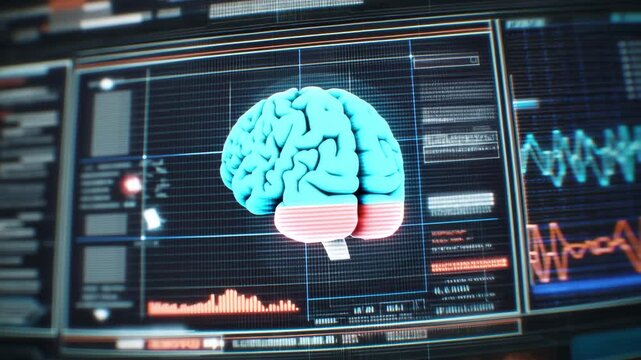 Sophisticated medical software analyzing intricate human brain activity, displaying dynamic data visualization shifting color spectrum across digital computer interface. real-time multicolor mapping.