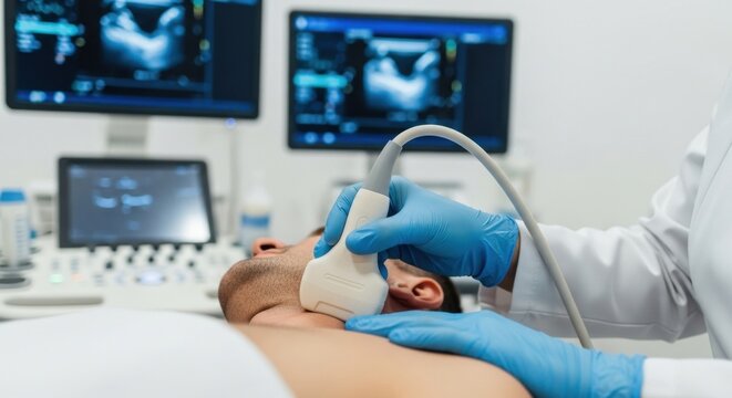 Medical professional performing a neck ultrasound examination on a male patient in a modern clinic.
