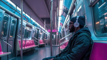 lonely commuter on empty subway train, headphones on, distant stare, neon lights and urban reflection 