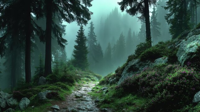 Serene misty forest scene with tall dark green pine trees fading into fog, a narrow rocky path winding through lush green shrubs and vibrant purple flowers, moss-covered rocks scattered along the trai