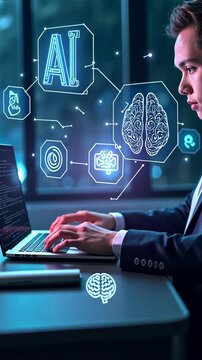 A person in a business suit working on a laptop with virtual icons related to artificial intelligence, featuring a brain and other symbols. Doodle style symbols