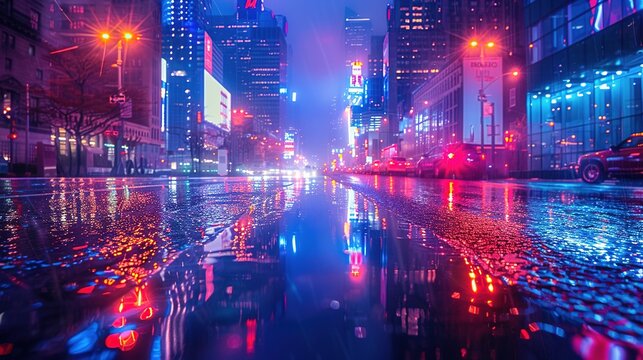The vibrant city night scene, brightly lit skyscrapers and neon lights are reflected on the wet streets. The long exposure shooting presents a cinematic urban atmosphere and super HDR effect.