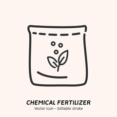 Plant fertilizer. Fertilizer in fertile soil, fertilizer bag, farming and agriculture icon set. Cocept of fertilizer bag and spreader, vegetable, compost vector flat outline icon. Editable stroke