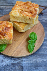 Bakery .Home made  cheese pie  with phyllo pastry, feta cheese  and organic eggs. Bulgarian banitsa