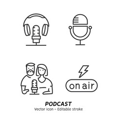 Listening podcast with microphone and recording podcasts icon set. Audio podcast. Collection of online podcasting, online radio show, sound studio vector flat outline icons. Editable stroke
