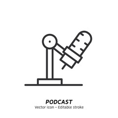 Listening podcast with microphone and recording podcasts single icon. Audio podcast. Concept of online podcasting, online radio show, sound studio vector flat outline icon. Editable stroke