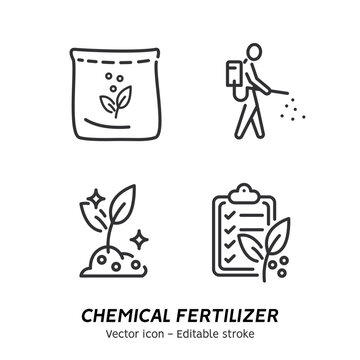 Plant fertilizer. Fertilizer in fertile soil, soil pH test, farming and agriculture icon set. Collection of fertilizer bag and spreader, vegetable, compost vector flat outline icons. Editable stroke