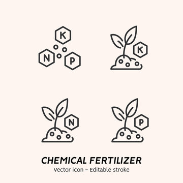Plant fertilizer. Fertilizer in fertile soil, soil pH test, farming and agriculture icon set. Collection of fertilizer bag and spreader, vegetable, compost vector flat outline icons. Editable stroke