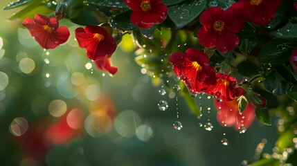 A close-up of vibrant red petunias in a hanging basket, adorned with raindrops.