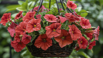 A close-up of vibrant red petunias in a hanging basket, adorned with raindrops.