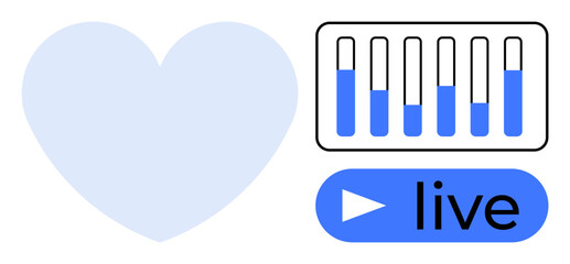 Heart symbol complements a play button labeled live and volume sliders, blending concepts of love, media, and technology. Ideal for entertainment, social media, streaming, technology, connection