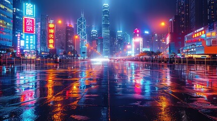The vibrant city night scene, brightly lit skyscrapers and neon lights are reflected on the wet streets. The long exposure shooting presents a cinematic urban atmosphere and super HDR effect.